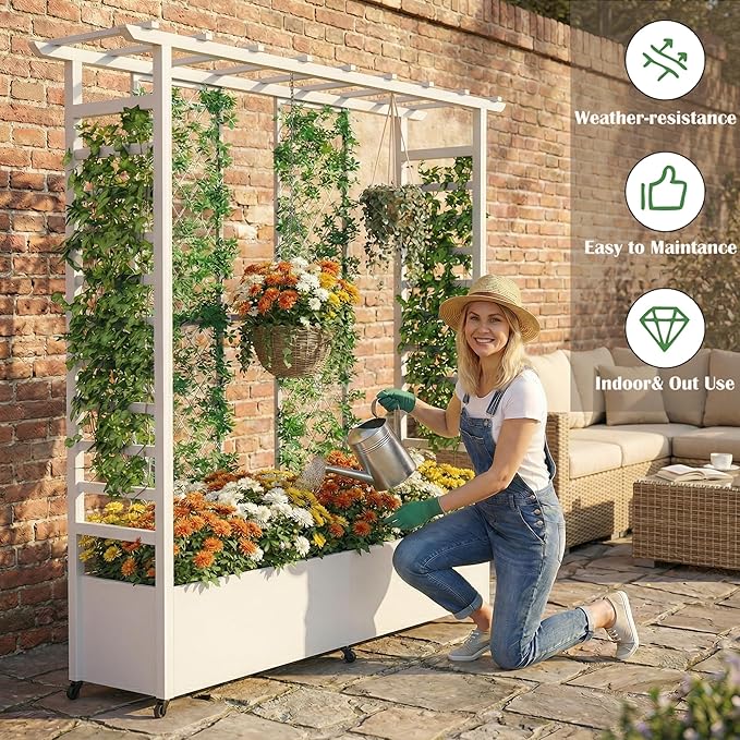 74 Mobile Planter with TrellisWeatherproof Vertical Raise Garden Bed with Trellis &amp Hanging Roof for Climbing PlantsFlowersVegetablesRust-Proof Metal Privacy Planter for Patio (White-B)