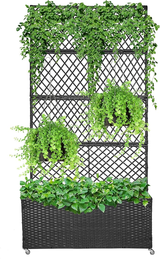 GENMOUS 72in/5.9ft Metal Raised Garden Bed with Trellis Planter Box Trellis with Wheels for Vine Climbing Plants Trellis with Drainage Holes for Flowers Vegetables in Garden Patio Balcony （Black）