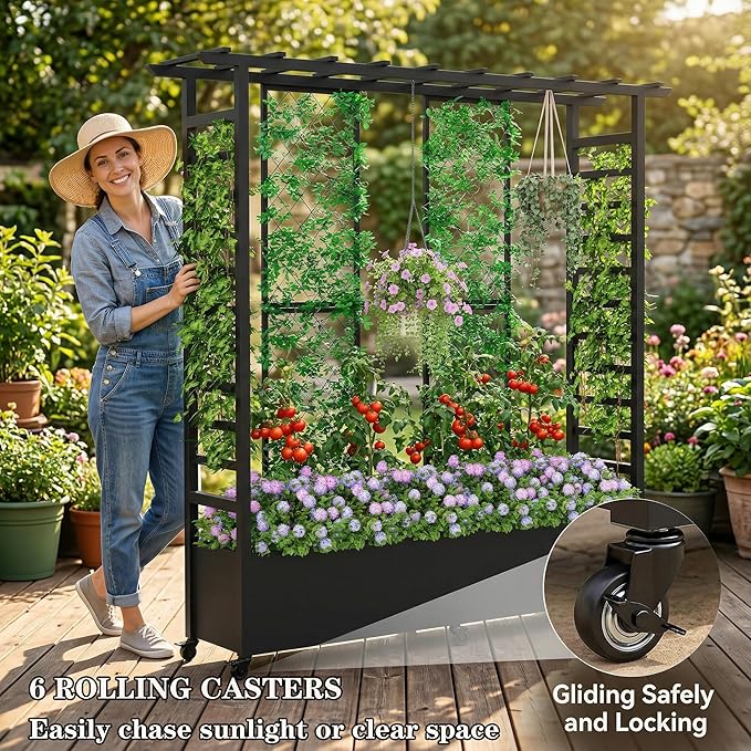 74 Mobile Planter with TrellisWeatherproof Vertical Raise Garden Bed with Trellis &amp Hanging Roof for Climbing PlantsFlowersVegetablesRust-Proof Metal Privacy Planter for Patio (Black-B)