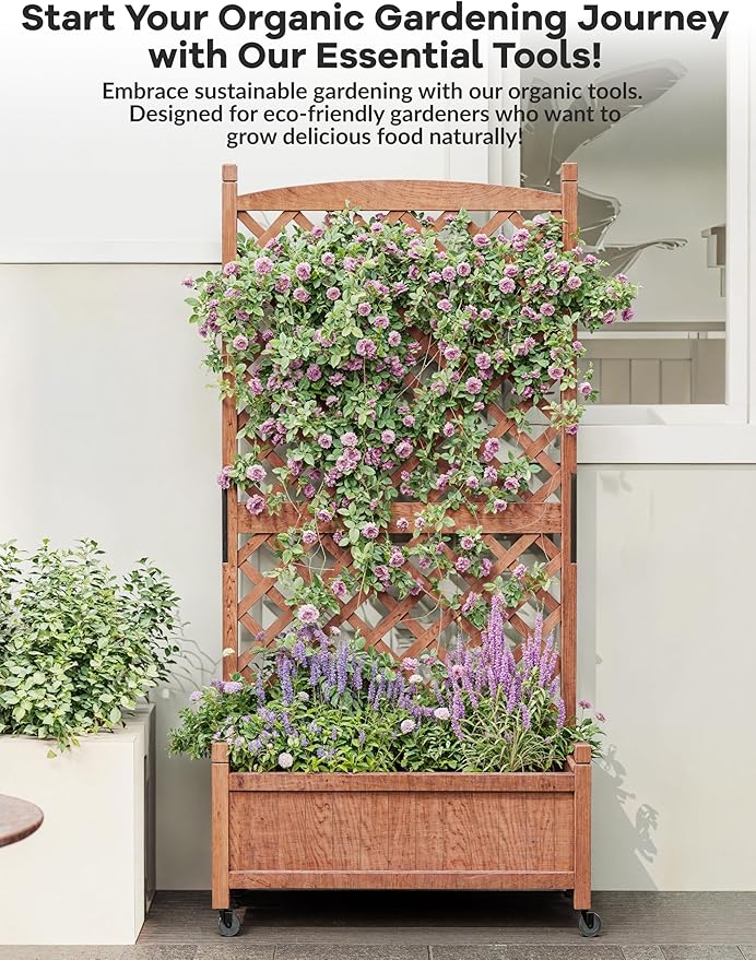 1PCS Planter Box with Trellis - 61x26x30 Raised Garden Bed with Diamond Lattice Trellis &amp Wheels Privacy Planters for Patio Wood Outdoor Planter with Drainage Holes for Climbing Plants Flowe