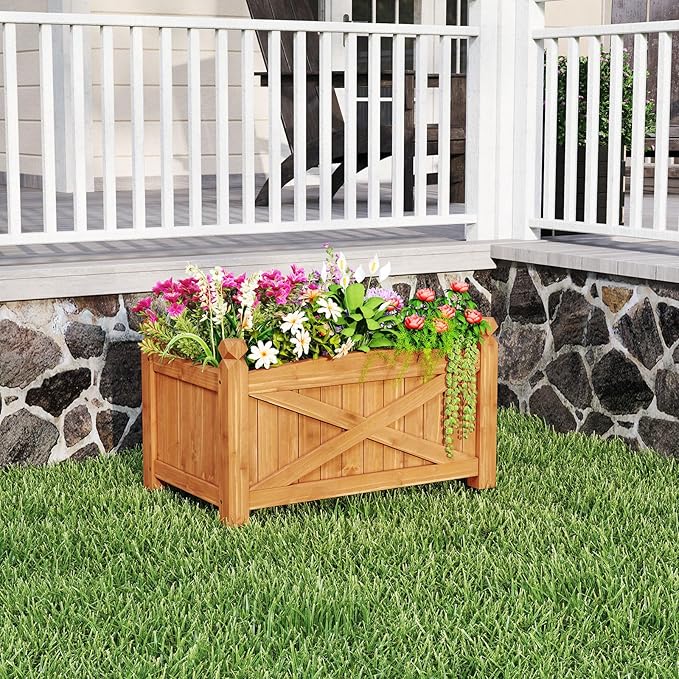 HAPPYGRILL Wooden Raised Garden Bed Solid Wood Gardening Plant Container w/Drainage Holes for Flower Vegetable Fruit Outdoor Elevated Planter Box for Patio Garden Yard Balcony (25”x 16”x 15”)