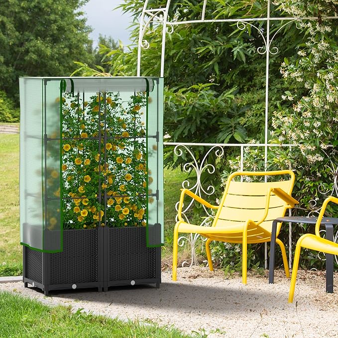 Onelike 32'' x 16'' x 55.5'' Plastic Raised Garden Bed with Greenhouse Cover and Trellis Vertical Tomato Planters for Climbing Plants Self Watering System Tomatoes Cage for Patio Medium