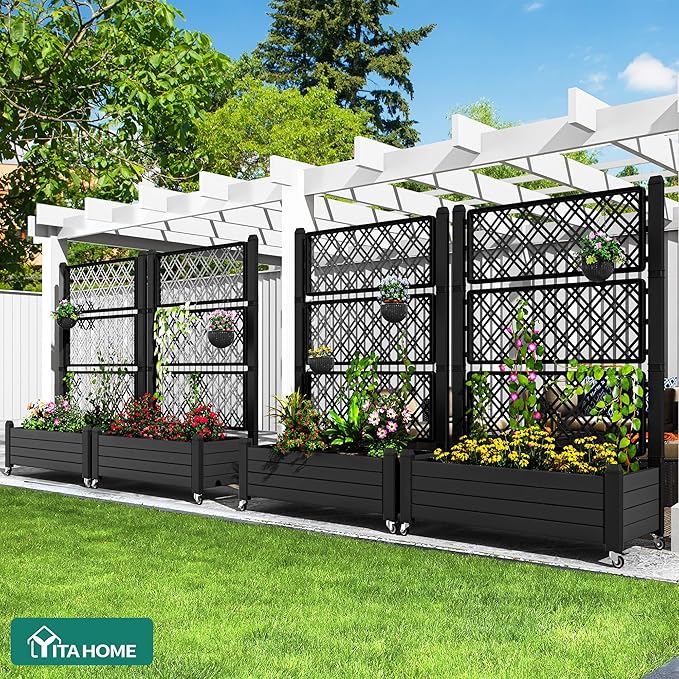 YITAHOME 3.6x1.5x5 FT Planter Box Trellis with Wheels Large Outdoor Plastic Raised Garden Bed with Drain Plug for Climbing Plants Black