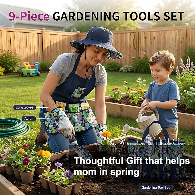 8-Piece Garden Tools Set with Gloves Knee Pads &amp Floral Tools - Ideal Gift for Mom Grandma Spring Planting Weeding Pruning &amp Yard Care
