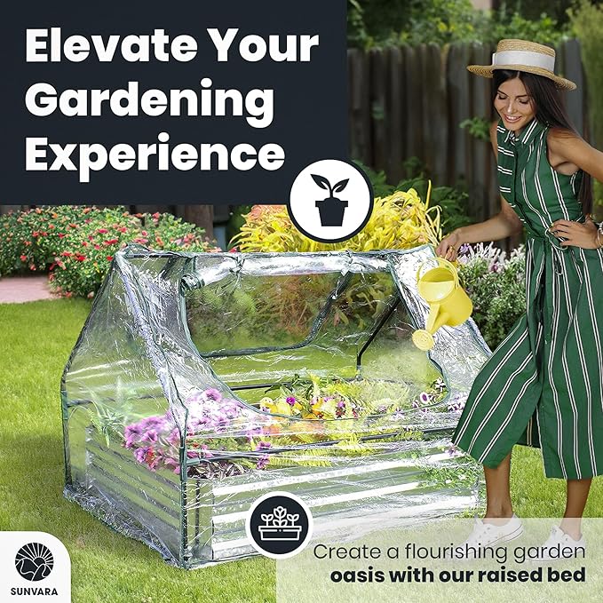 Sunvara Galvanized Raised Garden Bed with Cover 4x3x1ft Large with Gloves