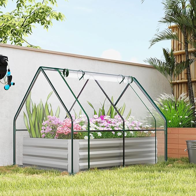Outsunny 4 x 3 x 3ft Raised Garden Bed with Mini Greenhouse Galvanized Raised Garden Bed with Cover for Herbs and Vegetables Small Greenhouse for Patio Garden Balcony Clear and Gray