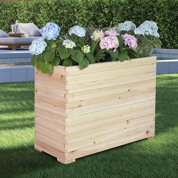 Wood Raised Garden Bed Rectangular Planter Box Outdoor Large Tall Trough 39x28x15 Flower Planters Boxes with Bottom for Plants Herb Patio Porch Balcony Privacy Screen