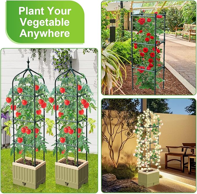 Raised Garden Bed Planter Box with Trellis 71 Self-Watering Tomato Planter with Wheels for Climbing Vegetable and Plants Tomato Cage Planters for Indoor Outdoor Patio Greenhouse Gardening (1Pack)