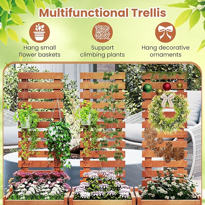 HAPPYGRILL Raised Garden Bed with Trellis Outdoor Elevated Planter Box w/Trellis Open-Ended for Climbing Plant Vine Flower Vegetable Freestanding Privacy Planters for Patio Yard 16x16x48 (2)