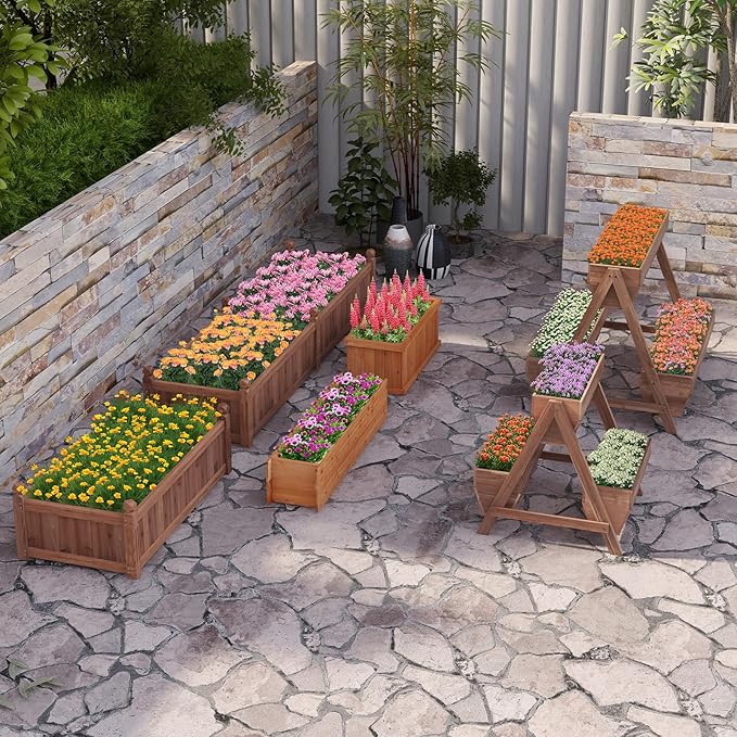 Giantex Vertical Raised Garden Bed 3 Wood Planter Boxes for Flower Vegetable Fruit Herb Freestanding Garden Planter with Drain Holes Elevated Raised Beds for Indoor Outdoor Lawn Patio Yard Brown