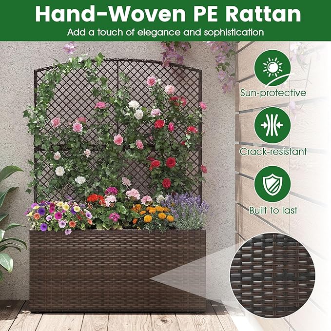 Byroce Raised Garden Bed PE Rattan Planter Box with Lattice Trellis Liner &amp Drainage Outdoor Standing Privacy Planter for Patio Balcony Climbing Plants &amp Hanging Flower (1 Brown 40” x 11”