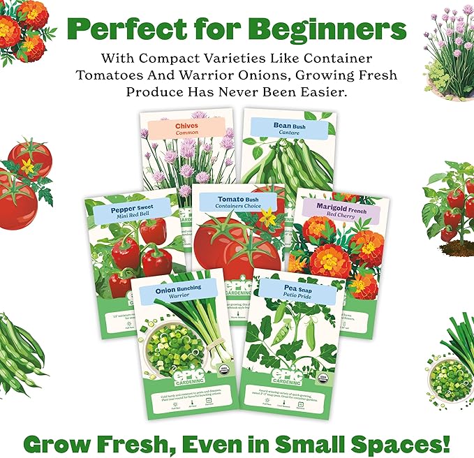 Epic Gardening Beginner Patio Garden Seed Kit - 7 Compact Varieties for Small Spaces Includes Peppers Beans Tomatoes &amp Flowers Non-GMO Seeds for Urban Gardening in Containers or Balconies