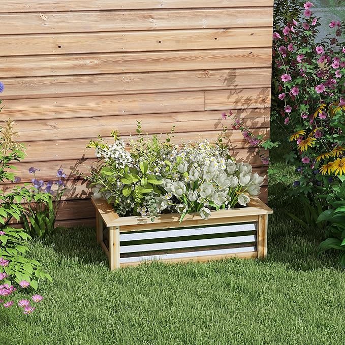 Outsunny Raised Garden Bed Outdoor Planter Box Galvanized Metal Reinforced with Wood Stock Tank for Growing Flowers Herbs and Vegetables