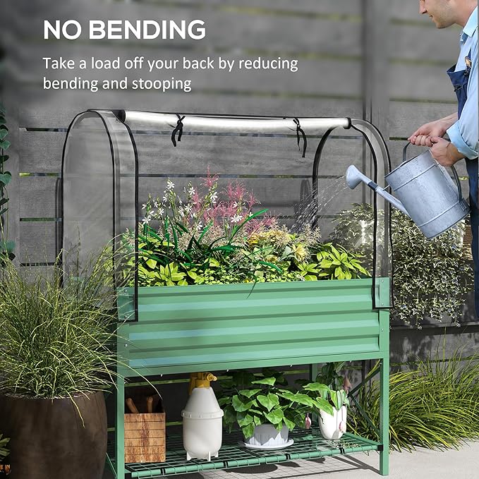 Outsunny Raised Garden Bed with Cover and Storage Shelf Rectangular Metal Elevated Planter Box with Legs and Bed Liner for Vegetables Flowers Herbs Green