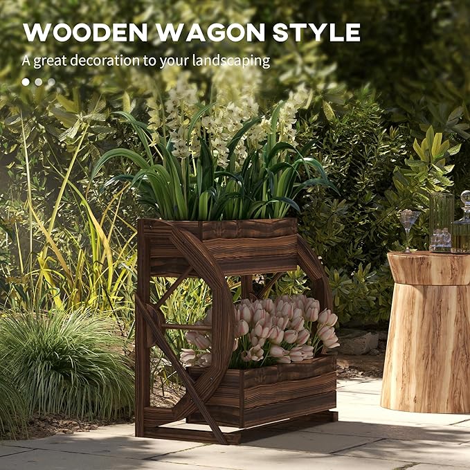 Outsunny 2-Tier Raised Garden Bed Wooden Wagon Planter Boxes with Drainage Holes for Vegetables Flowers Herbs 22 x 13 x 22