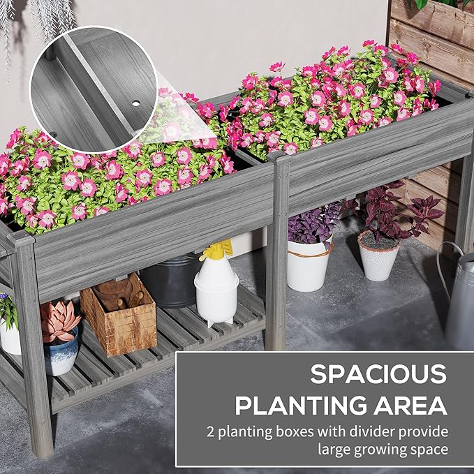 Outsunny Raised Garden Bed Wood Elevated Planter Box with Side Table Bottom Shelf Outdoor Raised Planter with Bed Liners Drainage Holes for Vegetable Flower 81.5 x 23 x 31 in Gray