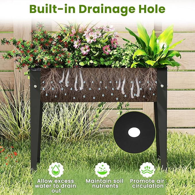 Raised Garden Bed with Legs 24 x 11 x 18 Inch Metal Elevated Planter Box w/Drainage Holes for Flowers Herbs Standing Raised Planter Bed for Indoor Outdoor Balcony Patio Backyard (1 Black)