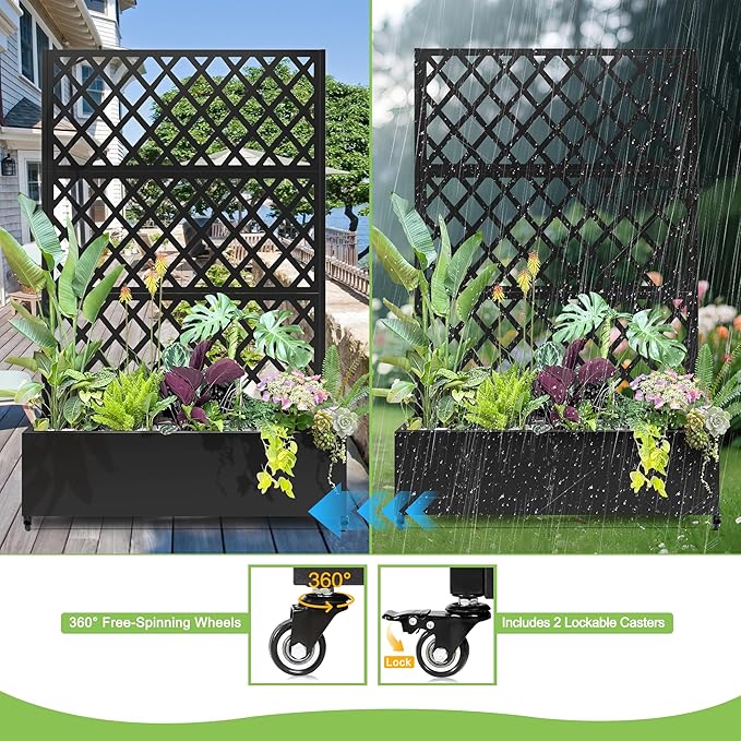 Metal Planter Trellis Box with Wheels &amp Drain Plug Outdoor Raised Garden Bed Patio Privacy Screen with Planter for Climbing Plants Vegetables 73x47x16 Black-Diamond