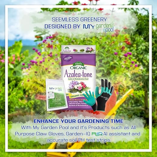 Espoma AT18 Azalea-Tone 4-3-4 18 lb. Bag with My Garden Pool PH Soil Test Strips 20 ct and My Garden Pool Superior Gardening Claw Gloves and Garden-IQ Smart Gardening AI Assistant!