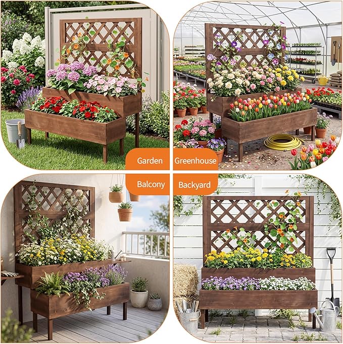 Garvee Raised Garden Bed with Trellis 2-Tier Outdoor Wooden Elevated Planter Box with Legs &amp Drainage Holes Vertical Planter Box Stand for Backyard Patio Balcony Brown