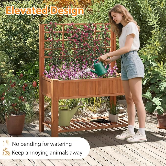 Giantex Raised Garden Bed with Trellis Wooden Elevated Planter Box with Legs Drainage Holes for Climbing Plants Vines Vegetables Flowers Herbs Outdoor Horticulture Planter for Patio Yard (Brown)