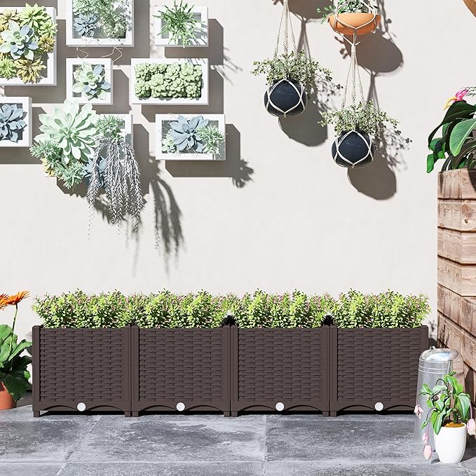 Outsunny 5 x 1 x 1 ft Raised Garden Bed Indoor Outdoor Plastic Planter Box with Drainage Holes Drain Plugs and Water Reservoirs for Vegetables Herbs Flowers &amp Succulents Brown