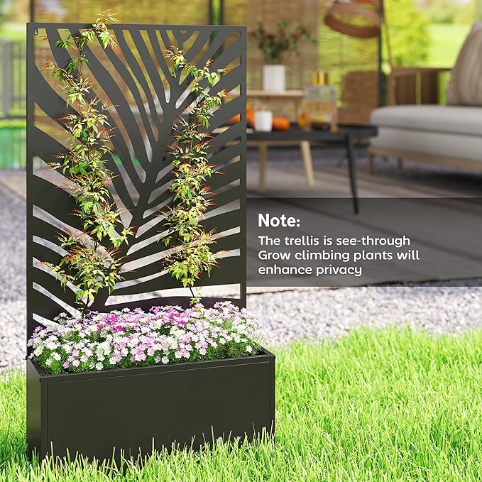 Outsunny Metal Raised Garden Bed with Trellis for Climbing Plants Freestanding or Wall Mounted Flower Bed with Privacy Panel Large Leaf Cut-Out Outdoor Planter Box for Garden Patio Balcony