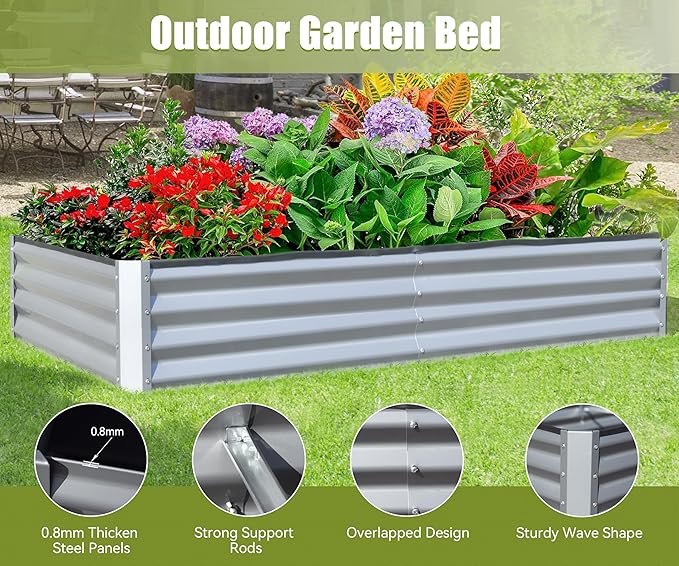 8x4x1 ft Galvanized Raised Garden Bed Outdoor Planter GBoxes Large Metal Planter Box for Gardening Vegetables Fruits Flowers Silver
