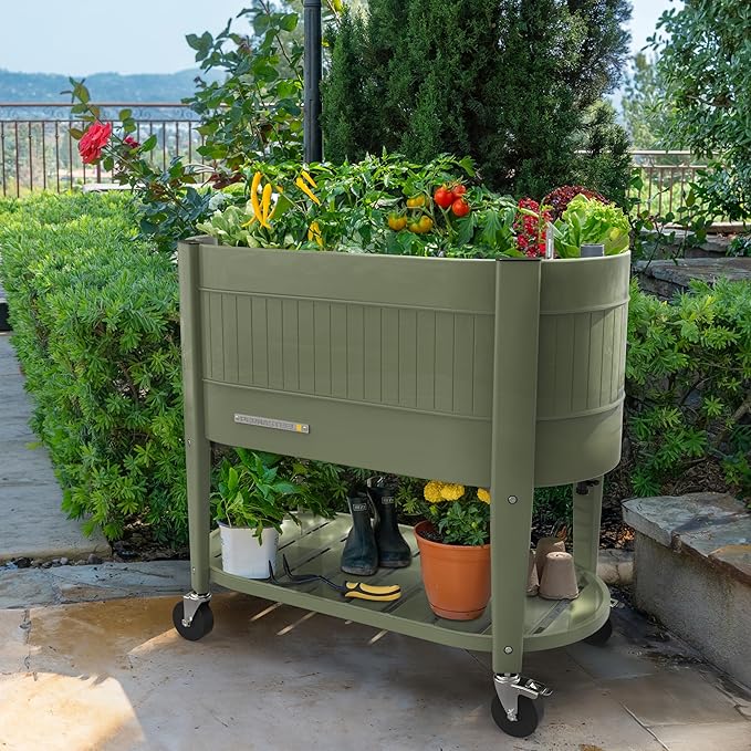 Permasteel Raised Garden Bed with Legs Planter Box with EnGrow™ TrueSoil™ Technology for Vegetables Flowers Herbs and Fruit Outdoor Indoor Storage Shelf Caster Wheels Green