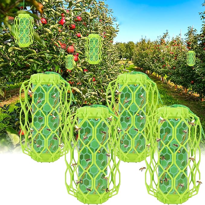 4 Pack Upgraded Wasp Trap Outdoor Hanging Carpenter Bee and Hornet Catcher Reusable Yellow Jacket Trap with Bait Reservoir Bee Killer and Wasp Catcher for Outside (Green)