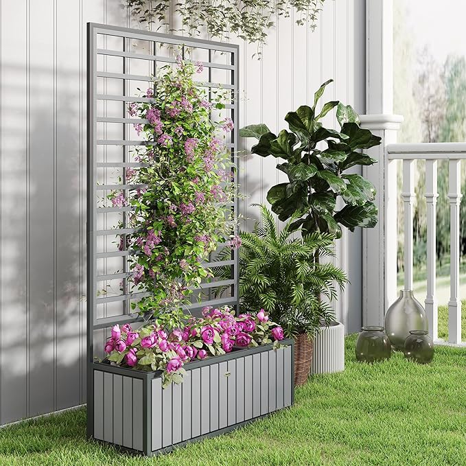 Outsunny Wooden Raised Garden Bed with Trellis Removable Pots Drainage Holes for Climbing Vines Vegetables Flowers Raised Planter Box for Backyard Patio Balcony 29 x 11 x 52 in. Gray