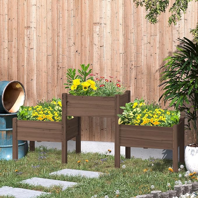 Elevated Wooden Three-Tier Garden Bed Sturdy Raised Planter Box for Vegetables Herbs &amp Flowers Coffee Finish