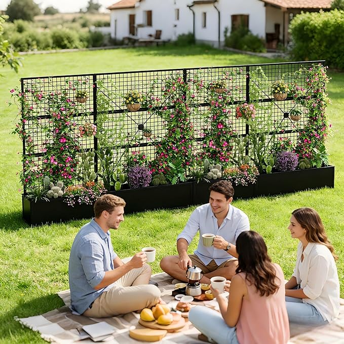 Metal Raised Garden Bed with Trellis and Privacy Screen 71×47.2×16 Planter Box with Drainage Holes for Climbing Plants Vegetables Vines Outdoor Sturdy Planter Box for Patio Backyard Black