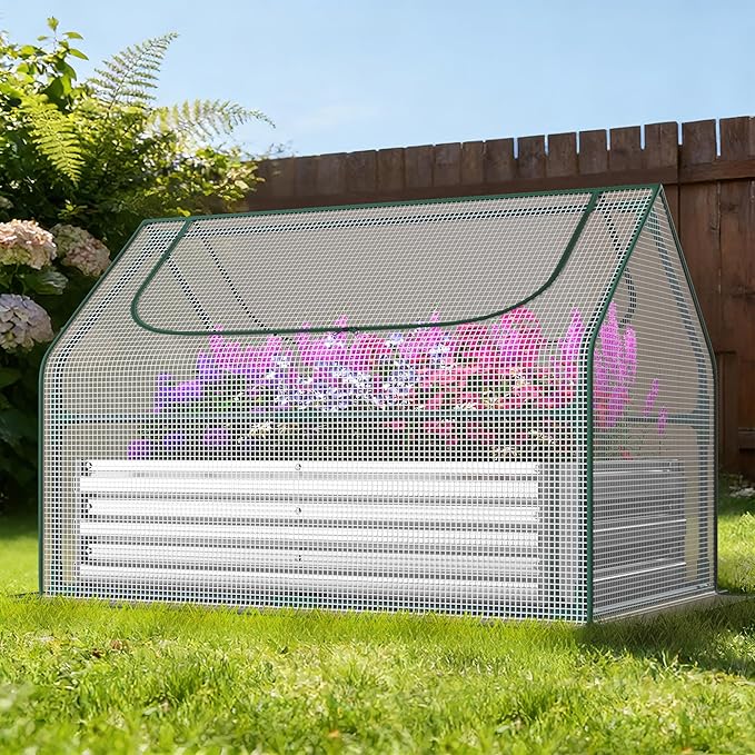 Miory Raised Garden Bed with Greenhouse Cover 5.8x2.8x1ft Galvanized Steel Planter Large Dual Zippered Screen Windows Open Base for Growing Vegetables