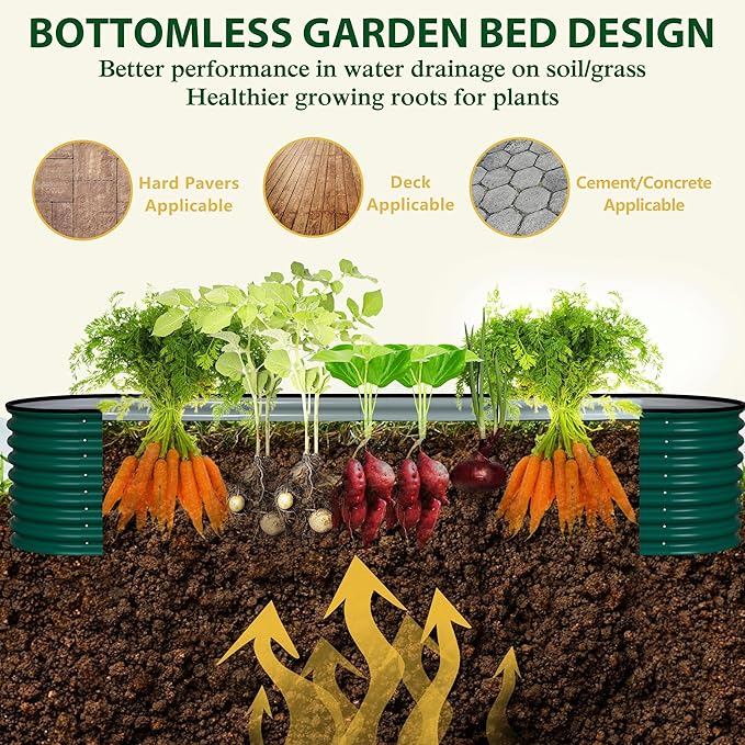 MUPATER Galvanized Raised Garden Bed 8x2x2ft 9-in-1 Metal Raised Planter Box with Aluminum Support Rods Oval for Outdoor Vegetable Flower Backyard and Patio Green