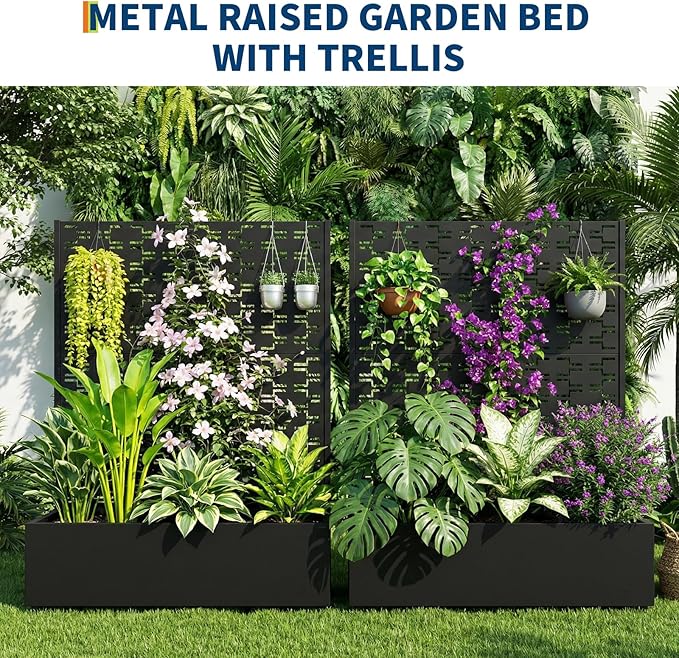 Black Metal Raised Garden Bed with Trellis &amp Lockable Wheels 47 Tall Privacy Screen Planter Box with Drainage 47.1X16 Climbing Plant Planter for Patio Balcony Vegetables