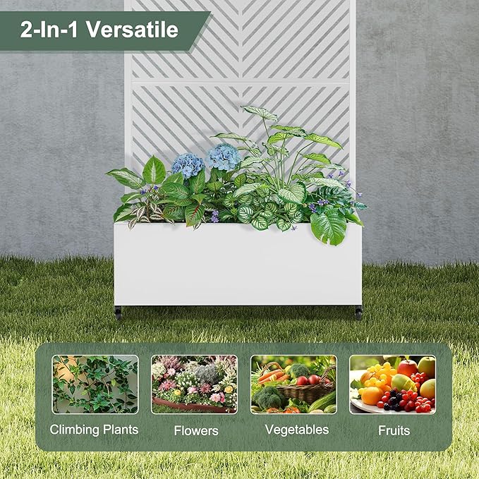 Metal Raised Garden Beds Outdoor with Trellis &amp Wheels Planter Box with Privacy Screen Drainage Holes for Vegetables Flowers Vines (35 L×16 W×71 H White Parallel)