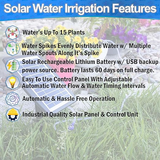 Solar Self Watering Plant Drip Irrigation System for 15 Plants Multiple Automatic Control Modes - Portable DIY Kit for Indoor/Outdoor Gardens Patios Balconies and Vacation Plant Care