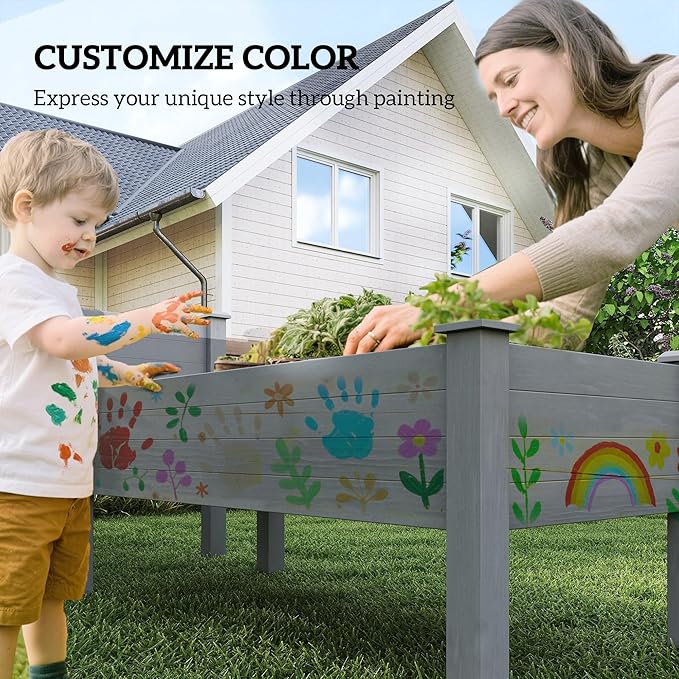 Outsunny 2 Tier Raised Garden Bed Elevated Wooden 2 Box Planter Gardening Grow Stand Planting Bed for Flowers Vegetables Herb Gray