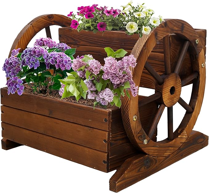 2-Tier Wooden Wagon Planter Box Raised Garden Bed for Outdoor Durable Planter Boxes Outdoor Raised Flower Bed for Flowers Vegetables and Herbs Easy Assembly Ideal for Gardens and Patios (Brown)