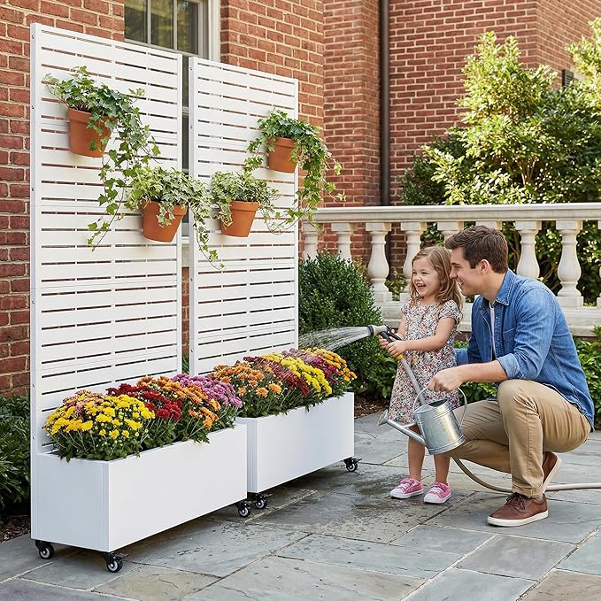 Casaphoria 72x35 Metal Raised Garden Bed with Trellis(2 Pack) Outdoor Planter Box with Wheels &amp Drainage Holes for Climbing Plants Flowers Elevated Garden Kit with Privacy Screen White-Louve