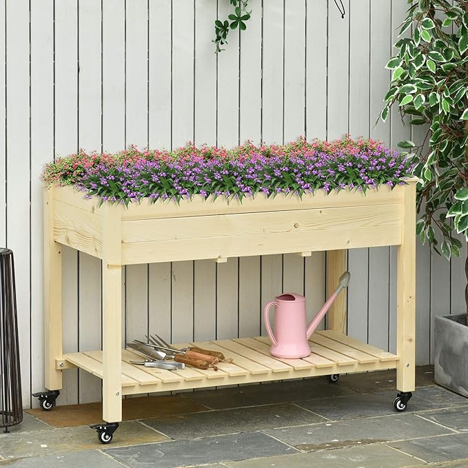 Raised Garden Bed 47 x 22 x 33 Elevated Wooden Planter Box w Lockable Wheels Storage Shelf and Bed Liner for Backyard Patio Natural