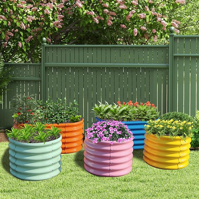 A ANLEOLIFE 5-Pack 18in Tall Kids Mini Raised Garden Beds Outdoor 40x24in Oval &amp 24x24in Round Galvanized Metal Planter Box for Planting Vegetables Flowers Fruits Eco-Safe &amp Easy Setup