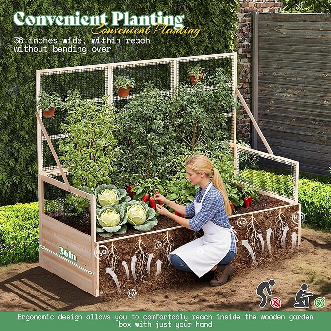 AMERLIFE Raised Garden Bed with Hinged Fencing and Trellis 18 Inch Deepened Wood Planter Box 2 PCS Flip-up Front Panel Easy Assembly Ideal for Seed Starting and Growing Vegetables &amp Fruits