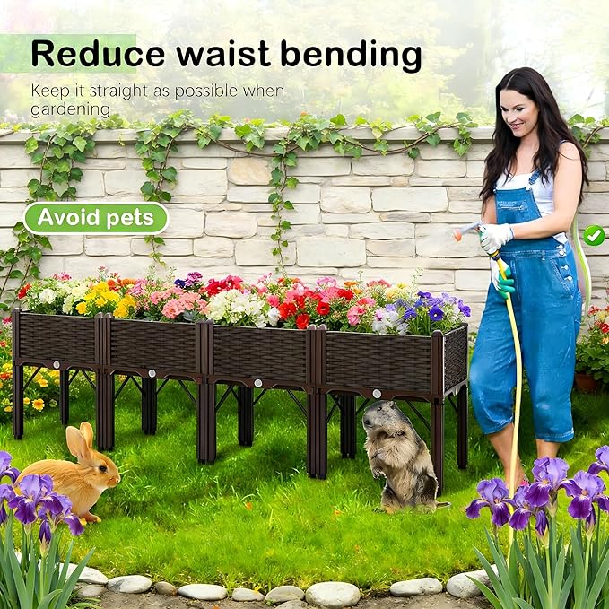 Raised Garden Bed with Drainage Elevated Planter Box Plastic Raised Beds for Gardening Vegetables Herb Flowers Perfect for Vegetables Flowers Fruits 4 Boxes Brown