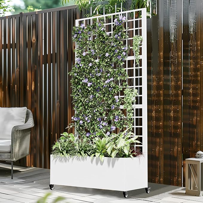 Casaphoria Metal Raised Garden Bed with Trellis and Wheels 72x35x16 Planter Box for Climbing Plants Vegetables &amp Vines Features Drainage Holes and Privacy Screen (White-Grid)