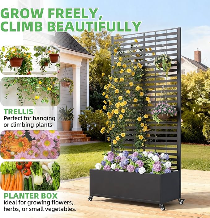 Metal Planter Box with Trellis 73x 35x 16 Raised Garden Bed with Wheels and Drainage Holes Planter with Trellis for Garden Balcony and Patio Black Louvered