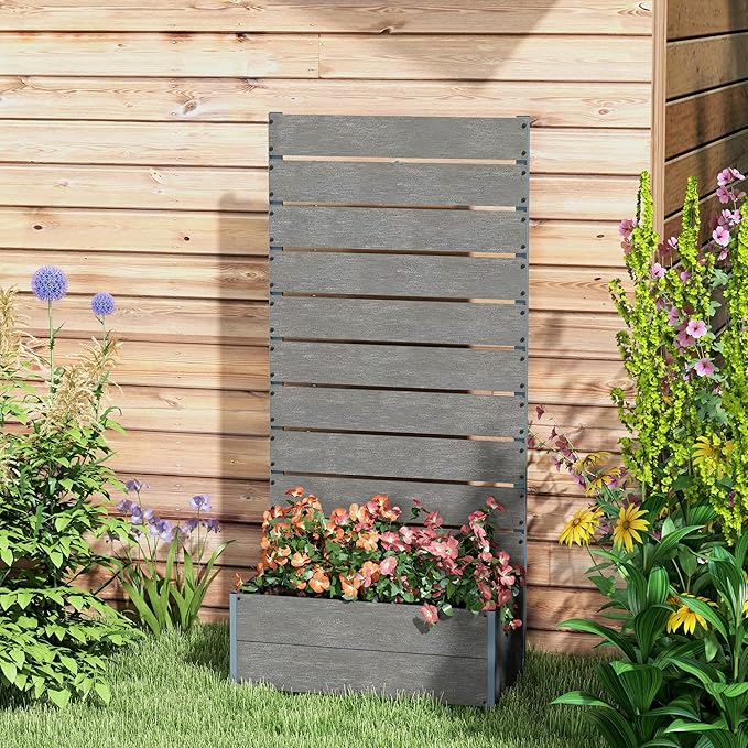Tomato Planter Box with Support Trellis 59 Inch Tall Raised Garden Bed for Climbing Vegetables Outdoor Planter with Drainage Holes for Patio Gray