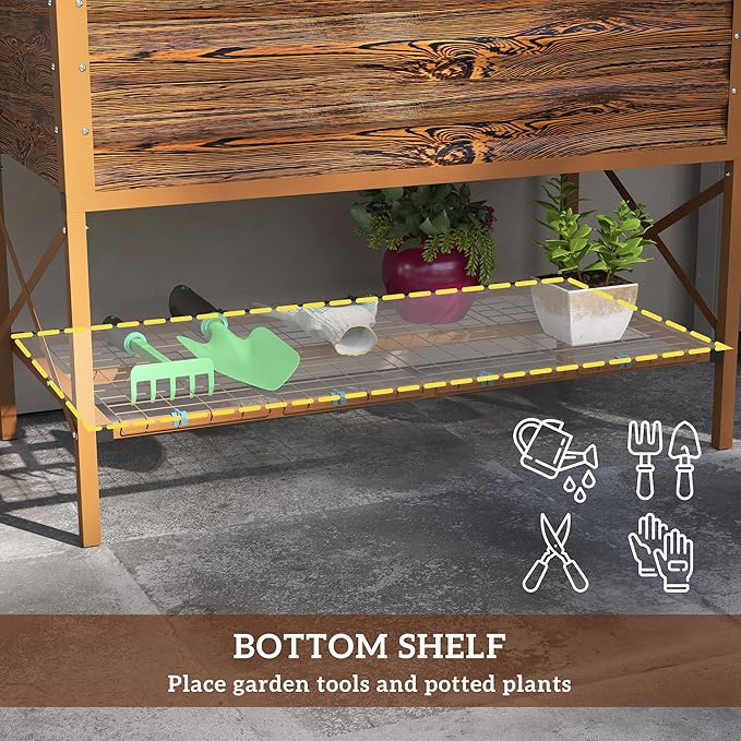 Outsunny Raised Garden Bed with Galvanized Steel Frame Storage Shelf and Bed Liner Elevated Planter Box with Legs for Vegetables Flowers Herbs Dark Brown