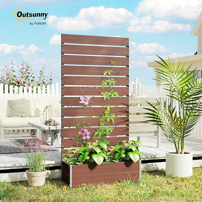 Outsunny Raised Garden Bed with Trellis for Climbing Plants Planter Box with Self Draining Gap Freestanding Trellis Planter for Outdoor Patio Deck 35.75 x 15 x 70.75 Light Brown